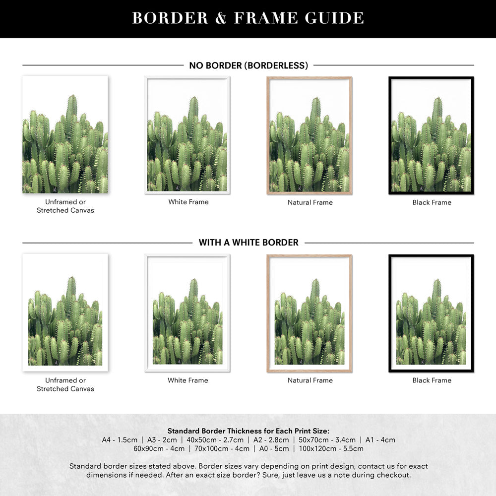 Cactus Towers / African Milk Tree - Art Print, Poster, Stretched Canvas or Framed Wall Art, Showing White , Black, Natural Frame Colours, No Frame (Unframed) or Stretched Canvas, and With or Without White Borders