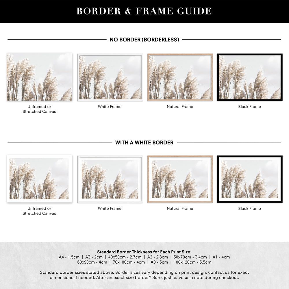 Pampas Grass Landscape in Neutral Tones - Art Print, Poster, Stretched Canvas or Framed Wall Art, Showing White , Black, Natural Frame Colours, No Frame (Unframed) or Stretched Canvas, and With or Without White Borders