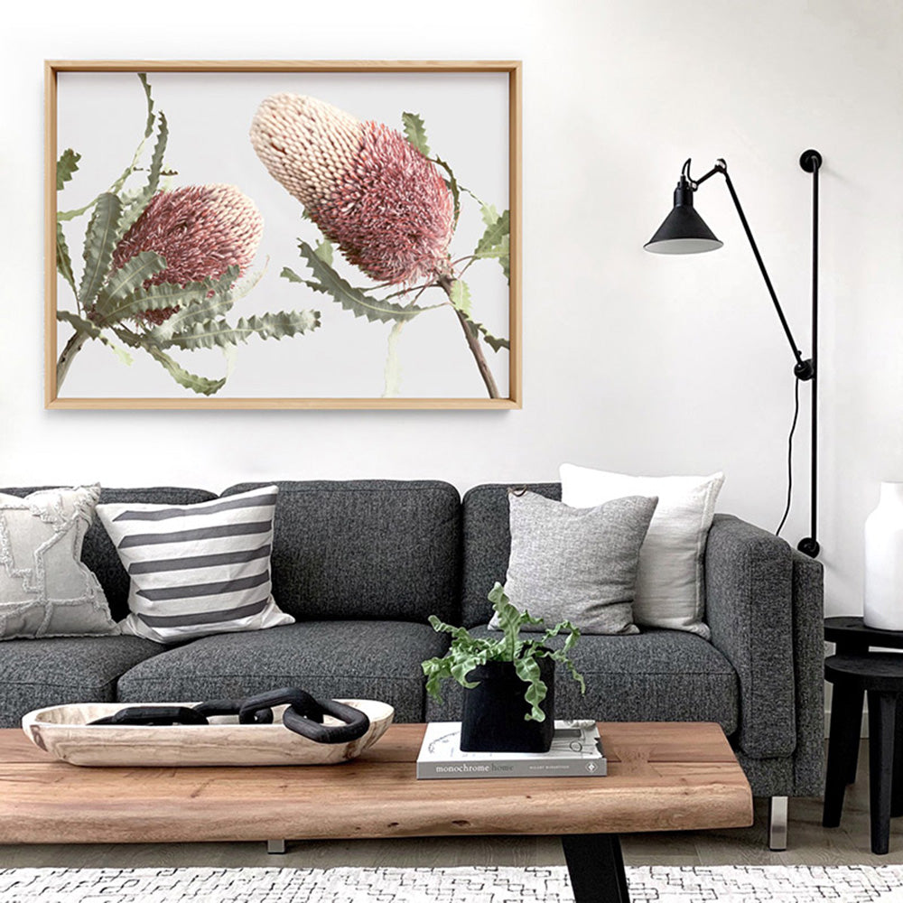 Blushing Banksia Duo Landscape - Art Print, Poster, Stretched Canvas or Framed Wall Art Prints, shown framed in a room