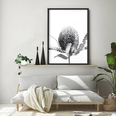 Banksia Flower Black and White - Art Print, Poster, Stretched Canvas or Framed Wall Art Prints, shown framed in a room