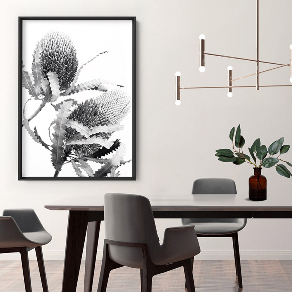 Banksia Flower Duo Black and White - Art Print, Poster, Stretched Canvas or Framed Wall Art Prints, shown framed in a room