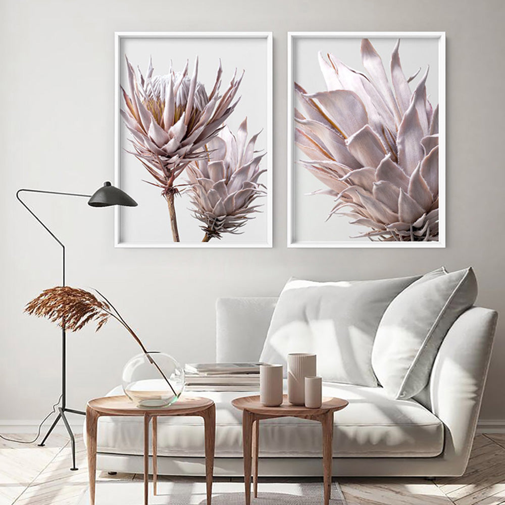 King Protea Duo in Blush - Art Print, Poster, Stretched Canvas or Framed Wall Art, shown framed in a home interior space