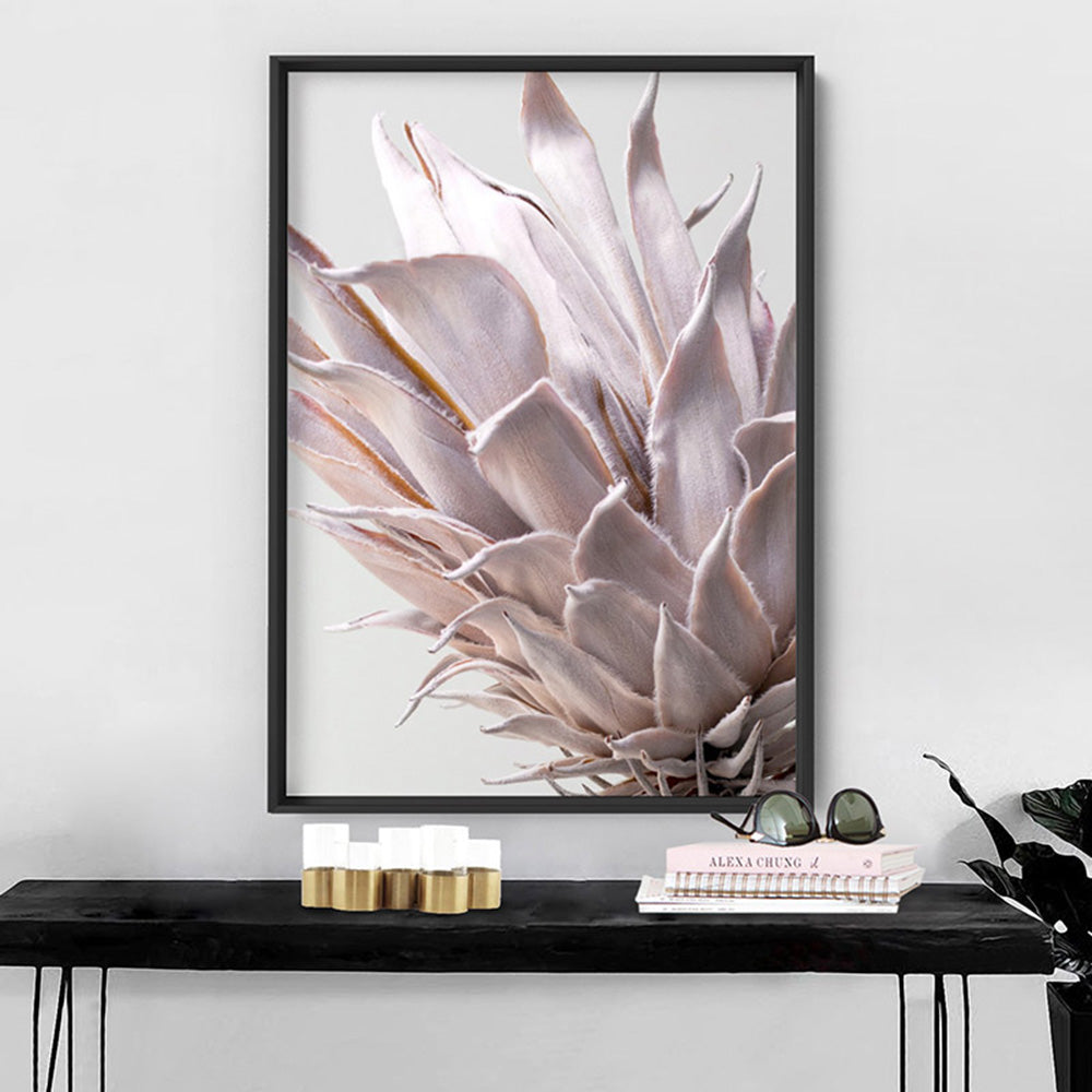 King Protea Close up in Blush - Art Print, Poster, Stretched Canvas or Framed Wall Art Prints, shown framed in a room