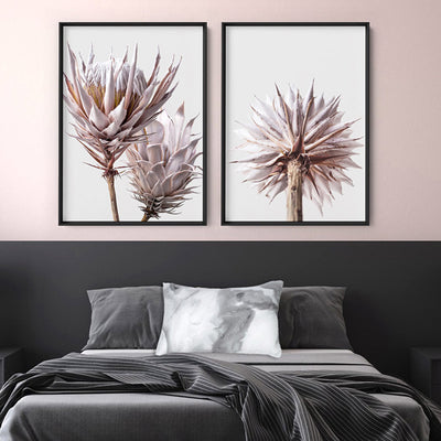King Protea From Behind in Blush - Art Print, Poster, Stretched Canvas or Framed Wall Art, shown framed in a home interior space