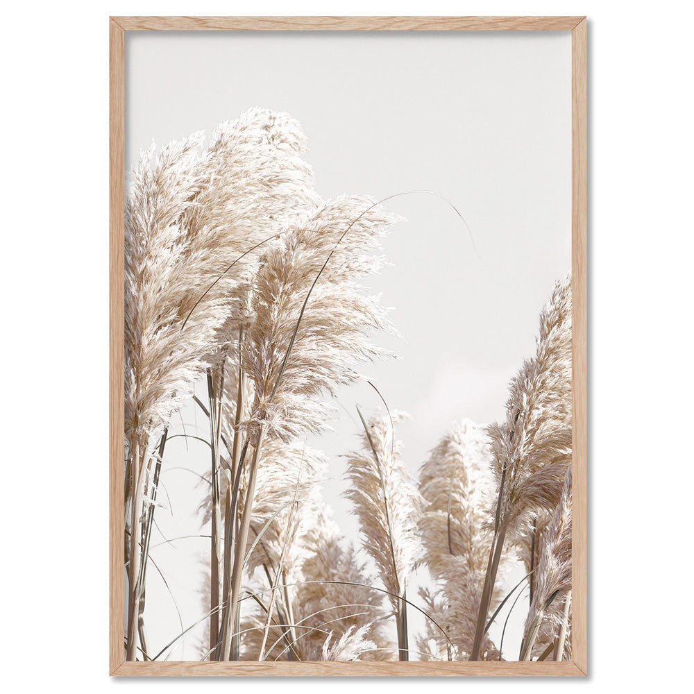 Pampas Grass Portrait in Neutral Tones - Art Print, Poster, Stretched Canvas, or Framed Wall Art Print, shown in a natural timber frame