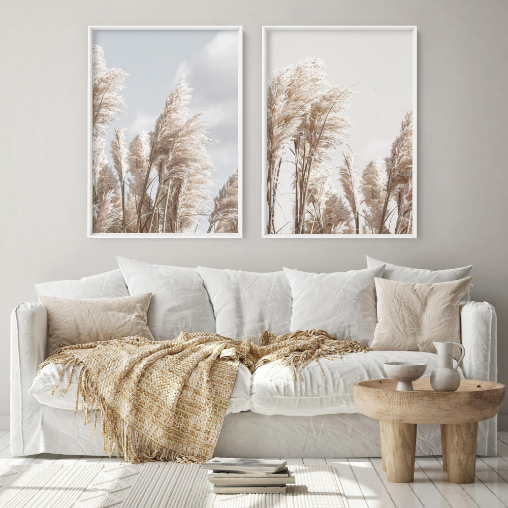 Pampas Grass Portrait in Neutral Tones - Art Print, Poster, Stretched Canvas or Framed Wall Art, shown framed in a home interior space