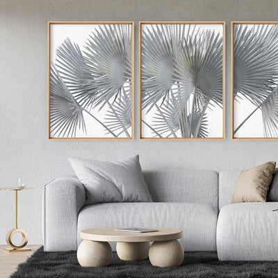 Fan Palm Fronds in Pastel I - Art Print, Poster, Stretched Canvas or Framed Wall Art, shown framed in a home interior space