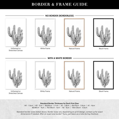 Monochrome Cacti - Art Print, Poster, Stretched Canvas or Framed Wall Art, Showing White , Black, Natural Frame Colours, No Frame (Unframed) or Stretched Canvas, and With or Without White Borders