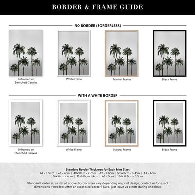 Miami Palms in Monotones - Art Print, Poster, Stretched Canvas or Framed Wall Art, Showing White , Black, Natural Frame Colours, No Frame (Unframed) or Stretched Canvas, and With or Without White Borders