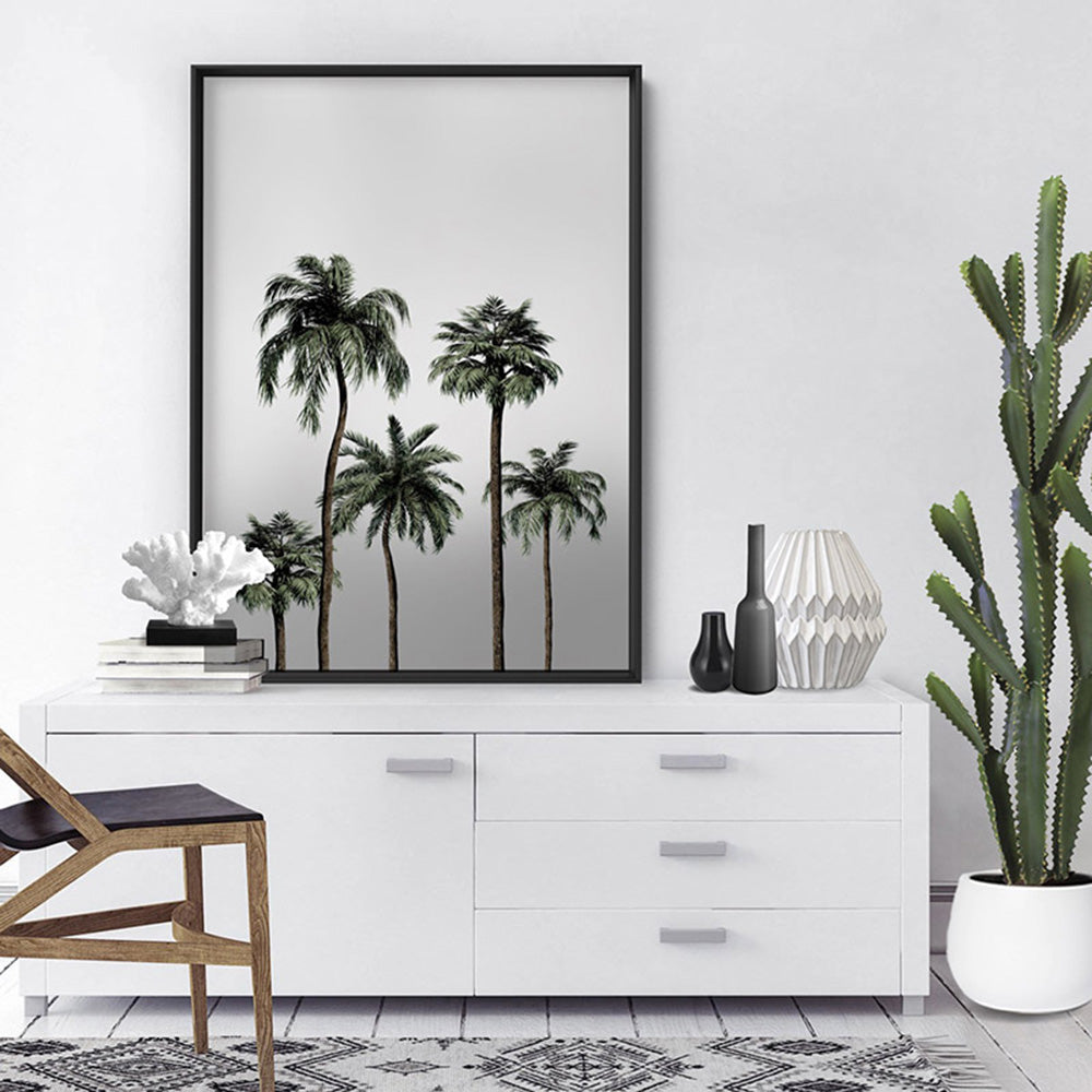 Miami Palms in Monotones - Art Print, Poster, Stretched Canvas or Framed Wall Art Prints, shown framed in a room