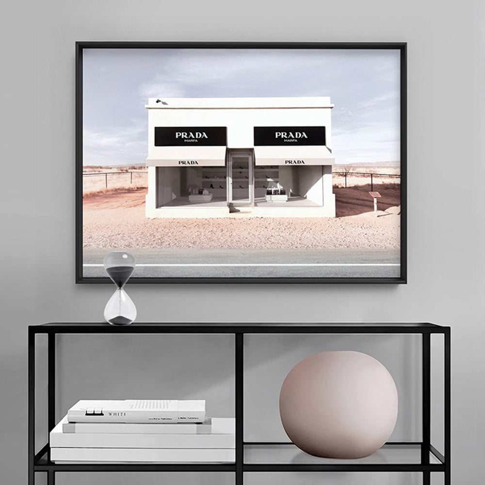 Marfa Store Texas in Blush - Art Print, Poster, Stretched Canvas or Framed Wall Art Prints, shown framed in a room