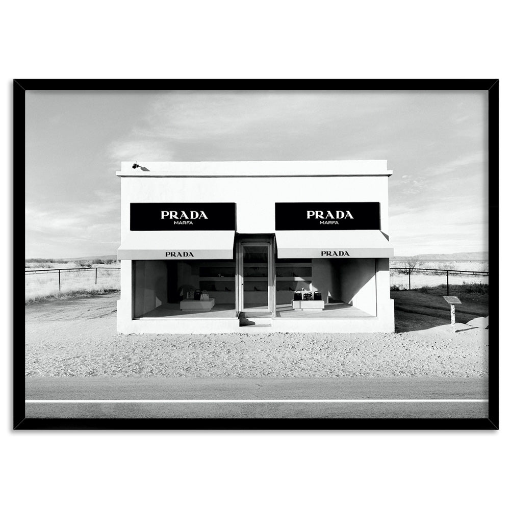 Marfa Store Texas in B&W - Art Print, Poster, Stretched Canvas, or Framed Wall Art Print, shown in a black frame