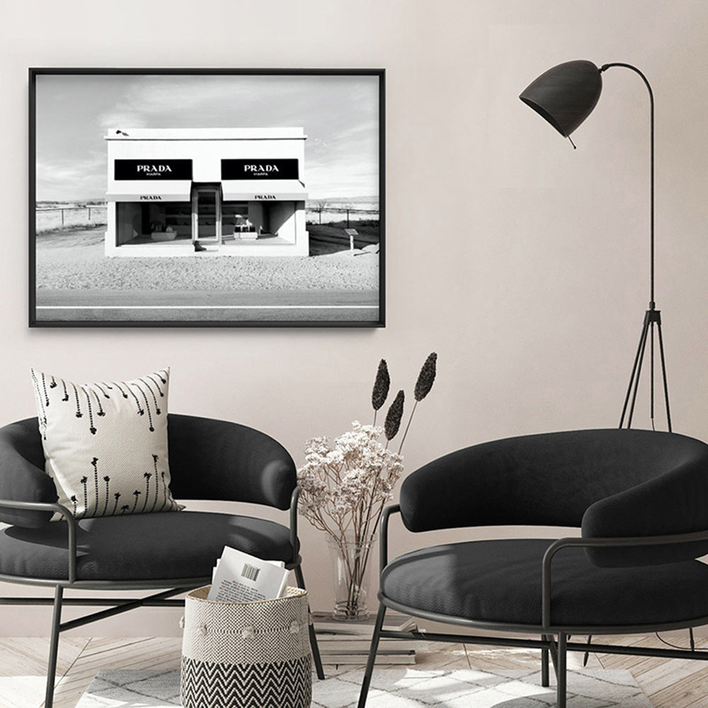 Marfa Store Texas in B&W - Art Print, Poster, Stretched Canvas or Framed Wall Art Prints, shown framed in a room