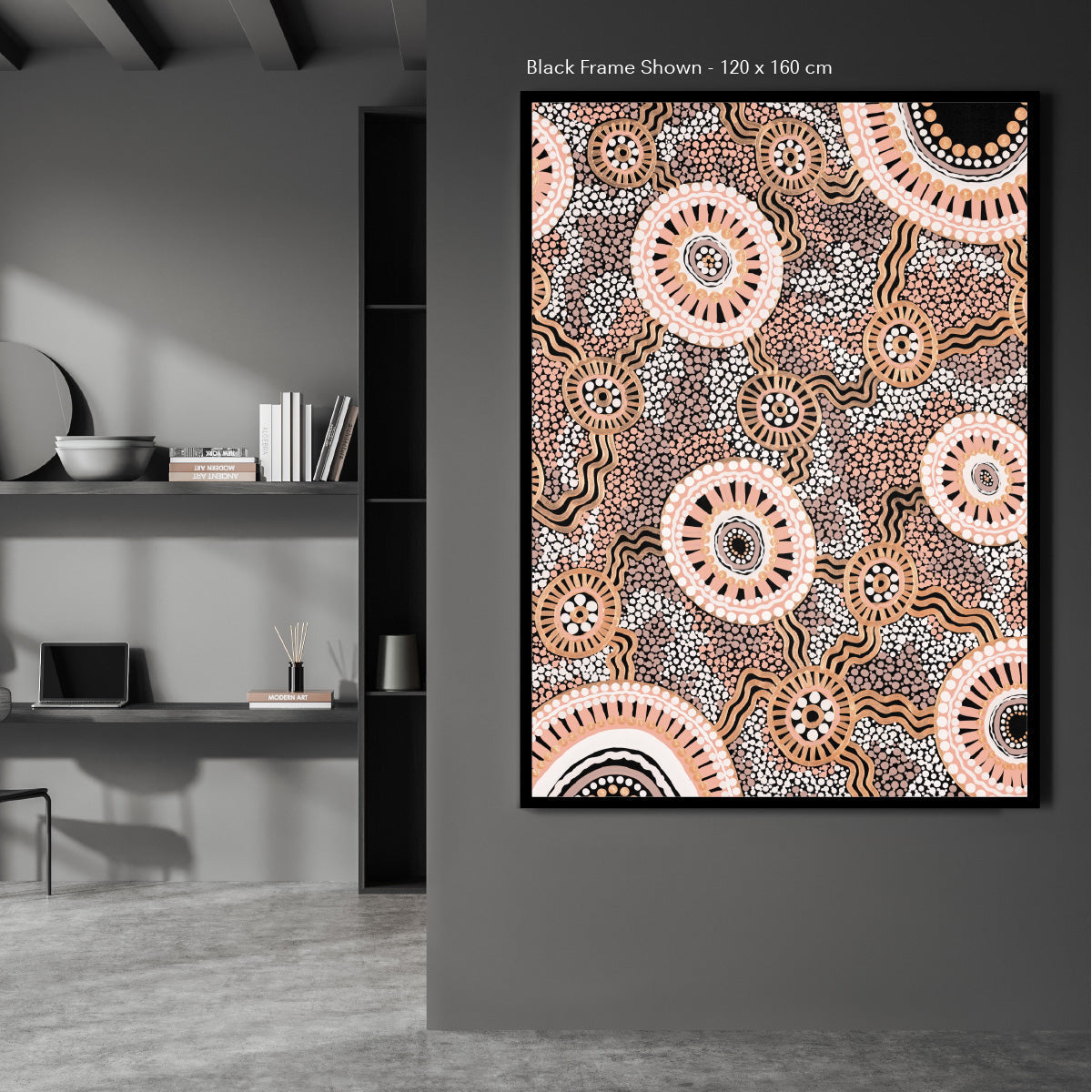 Framed Canvas wall art shown in a home, in a black frame in extra large size