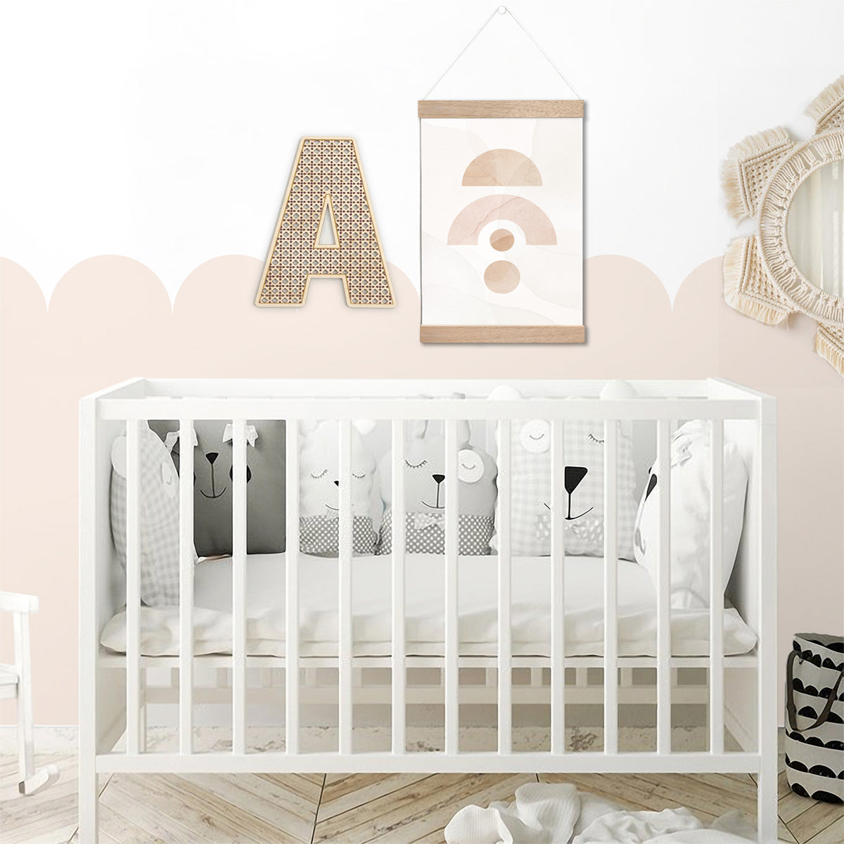 Rattan Single Letter on Display in Baby Nursery Above Crib