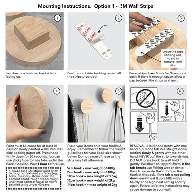 Round oak wall hooks mounting option 1 instructions, for removable 3m strips wall mounting method.