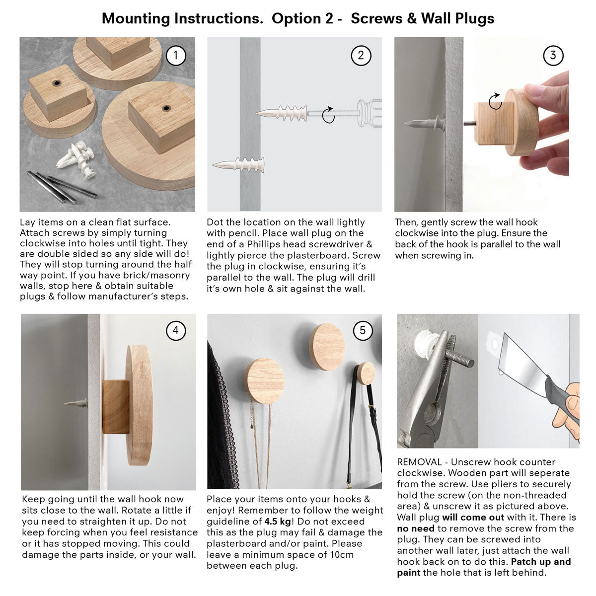 Round oak wall hooks mounting option 2 instructions, for fixed screws & plugs going into plasterboard