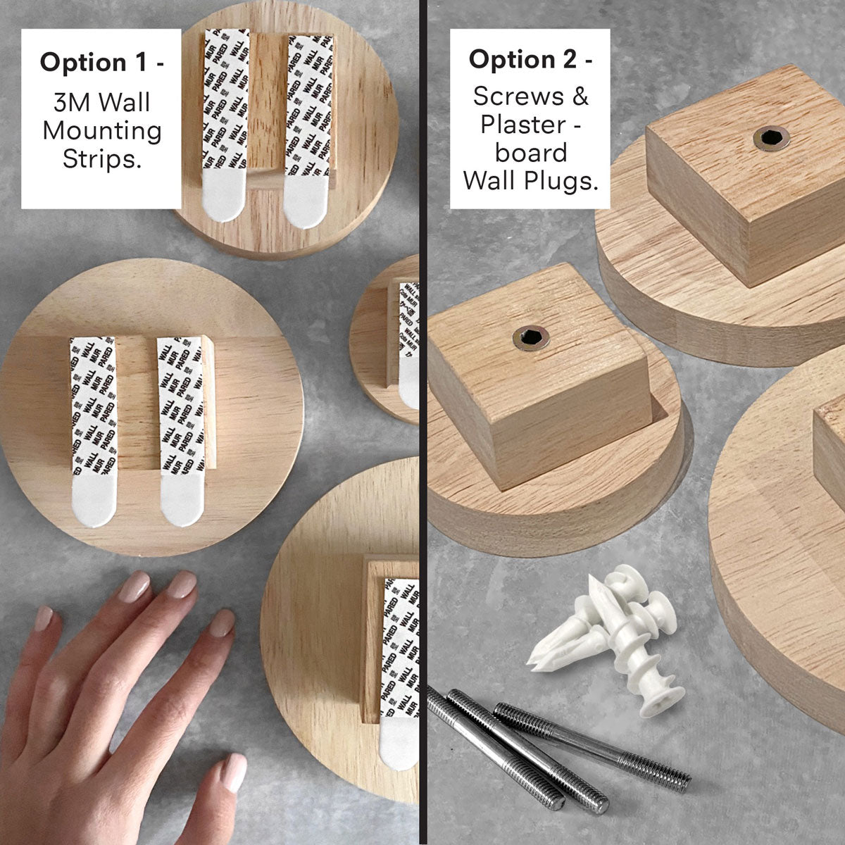 Round oak wall hooks mounting options. Showing removable and fixed mounting options available.