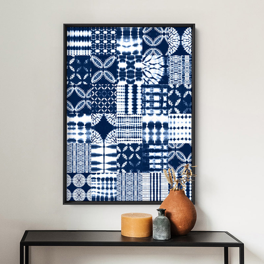 Shibori Indigo Tie Dye Patchwork - Art Print, Poster, Stretched Canvas or Framed Wall Art Prints, shown framed in a room