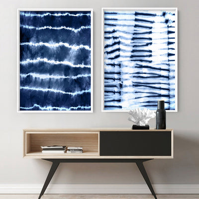 Shibori Indigo Tie Dye I - Art Print, Poster, Stretched Canvas or Framed Wall Art, shown framed in a home interior space