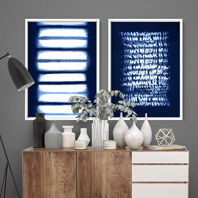 Shibori Indigo Tie Dye III - Art Print, Poster, Stretched Canvas or Framed Wall Art, shown framed in a home interior space