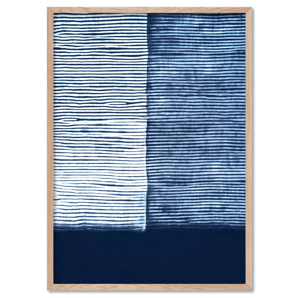 Shibori Indigo Tie Dye V - Art Print, Poster, Stretched Canvas, or Framed Wall Art Print, shown in a natural timber frame