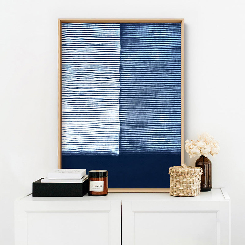 Shibori Indigo Tie Dye V - Art Print, Poster, Stretched Canvas or Framed Wall Art Prints, shown framed in a room