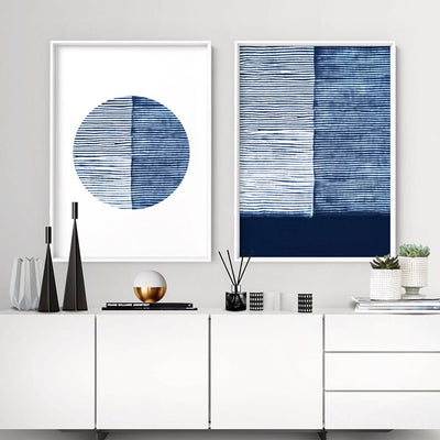Shibori Indigo Tie Dye V - Art Print, Poster, Stretched Canvas or Framed Wall Art, shown framed in a home interior space
