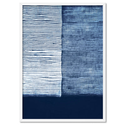 Shibori Indigo Tie Dye V - Art Print, Poster, Stretched Canvas, or Framed Wall Art Print, shown in a white frame
