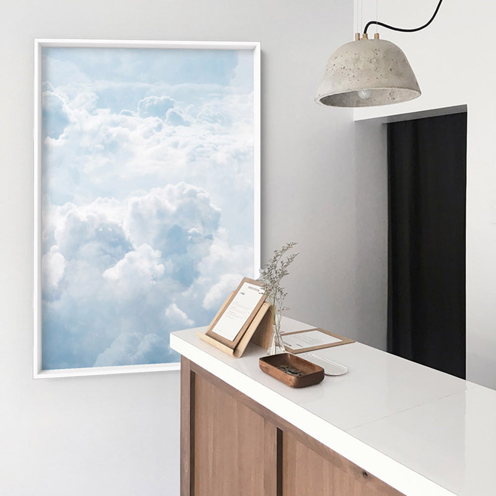 White Clouds in Blue Sky I - Art Print, Poster, Stretched Canvas or Framed Wall Art Prints, shown framed in a room