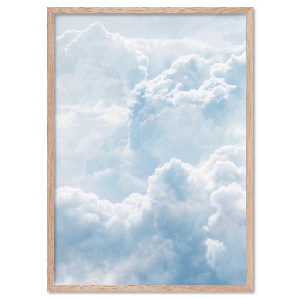 White Clouds in Blue Sky II - Art Print, Poster, Stretched Canvas, or Framed Wall Art Print, shown in a natural timber frame