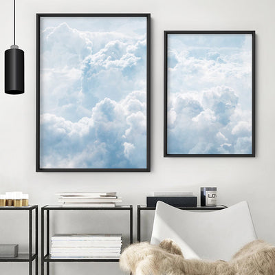 White Clouds in Blue Sky II - Art Print, Poster, Stretched Canvas or Framed Wall Art, shown framed in a home interior space