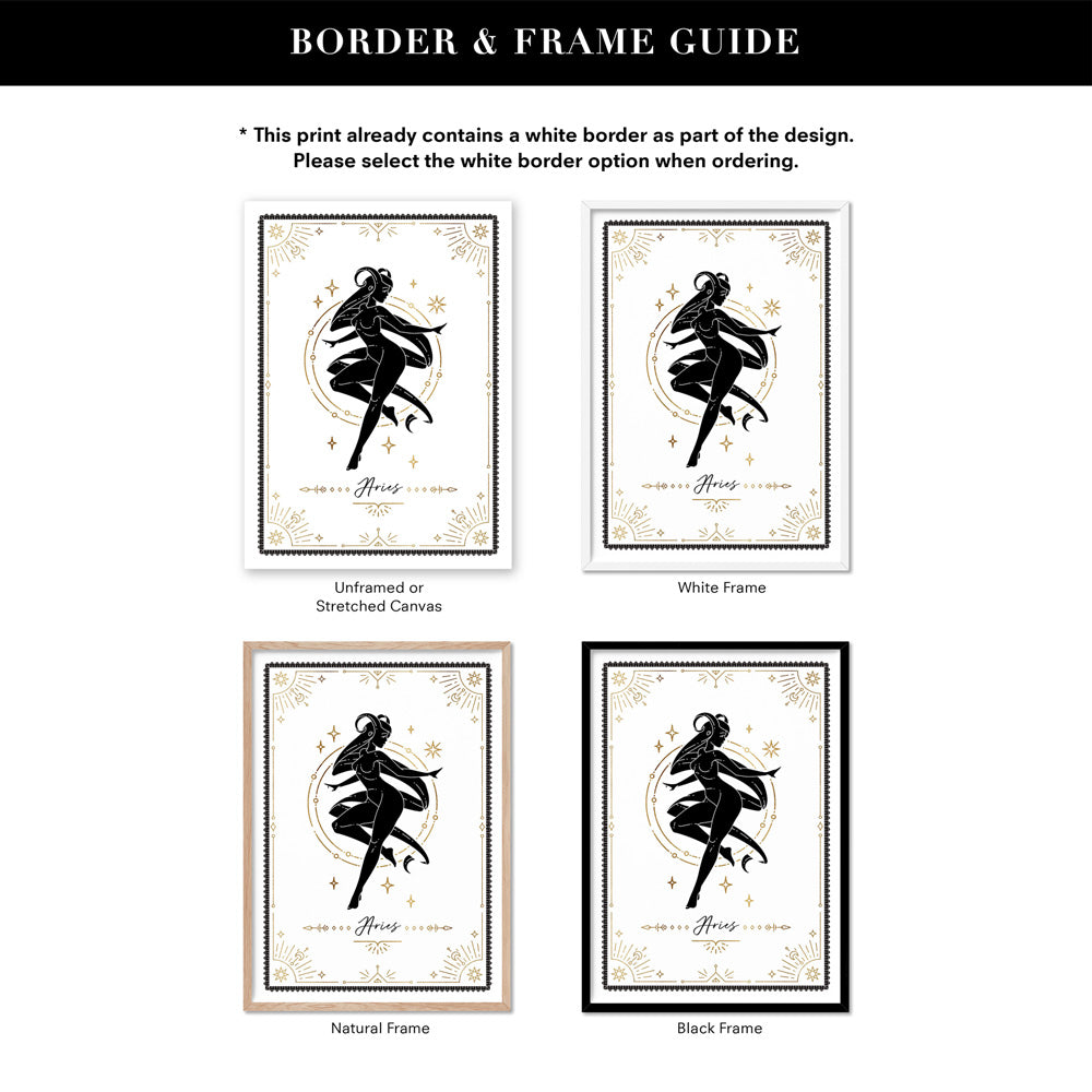 Aries Star Sign | Tarot Card Style (faux look foil) - Art Print, Poster, Stretched Canvas or Framed Wall Art, Showing White , Black, Natural Frame Colours, No Frame (Unframed) or Stretched Canvas, and With or Without White Borders