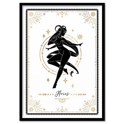 Aries Star Sign | Tarot Card Style (faux look foil) - Art Print, Poster, Stretched Canvas, or Framed Wall Art Print, shown in a black frame