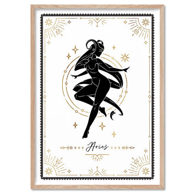Aries Star Sign | Tarot Card Style (faux look foil) - Art Print, Poster, Stretched Canvas, or Framed Wall Art Print, shown in a natural timber frame