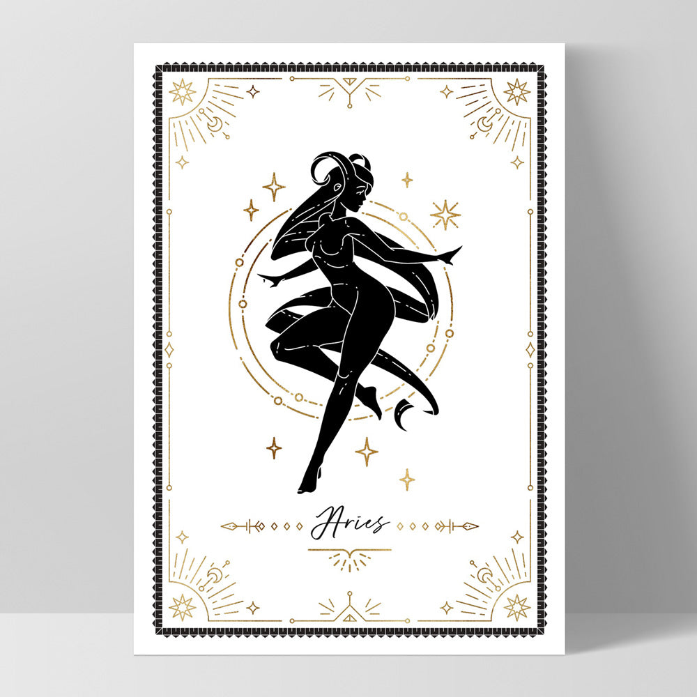 Aries Star Sign | Tarot Card Style (faux look foil) - Art Print, Poster, Stretched Canvas, or Framed Wall Art Print, shown as a stretched canvas or poster without a frame