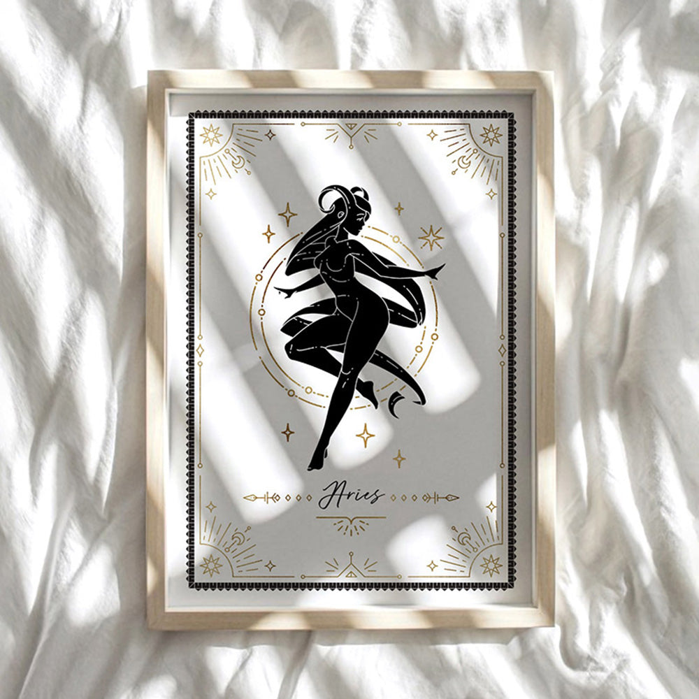 Aries Star Sign | Tarot Card Style (faux look foil) - Art Print, Poster, Stretched Canvas or Framed Wall Art Prints, shown framed in a room