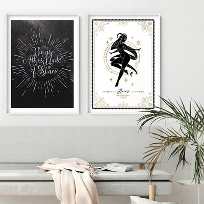 Aries Star Sign | Tarot Card Style (faux look foil) - Art Print, Poster, Stretched Canvas or Framed Wall Art, shown framed in a home interior space