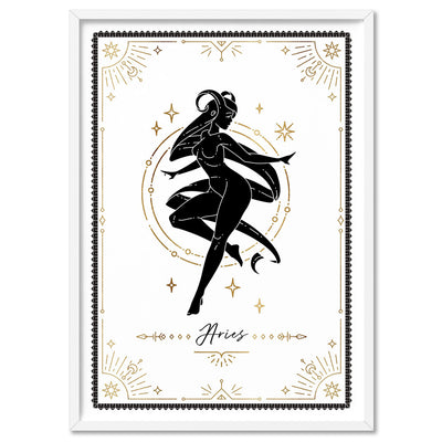 Aries Star Sign | Tarot Card Style (faux look foil) - Art Print, Poster, Stretched Canvas, or Framed Wall Art Print, shown in a white frame