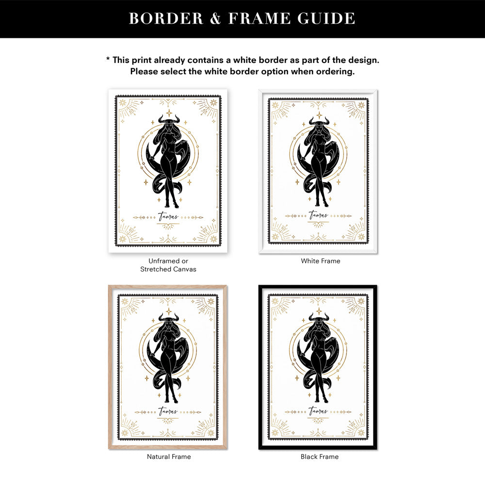 Taurus Star Sign | Tarot Card Style (faux look foil) - Art Print, Poster, Stretched Canvas or Framed Wall Art, Showing White , Black, Natural Frame Colours, No Frame (Unframed) or Stretched Canvas, and With or Without White Borders