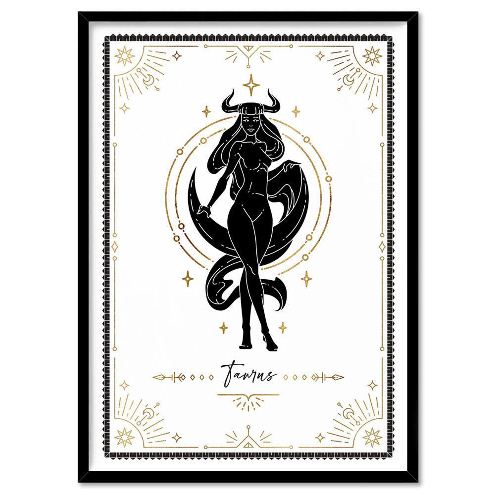 Taurus Star Sign | Tarot Card Style (faux look foil) - Art Print, Poster, Stretched Canvas, or Framed Wall Art Print, shown in a black frame