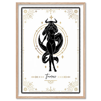 Taurus Star Sign | Tarot Card Style (faux look foil) - Art Print, Poster, Stretched Canvas, or Framed Wall Art Print, shown in a natural timber frame