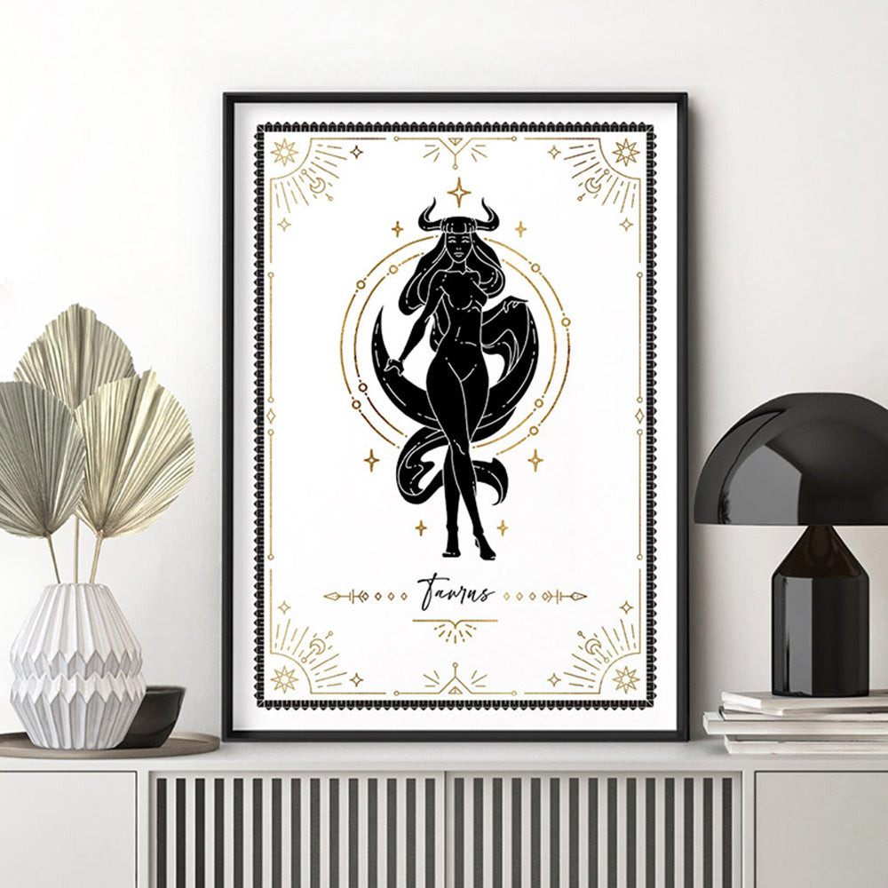 Taurus Star Sign | Tarot Card Style (faux look foil) - Art Print, Poster, Stretched Canvas or Framed Wall Art Prints, shown framed in a room