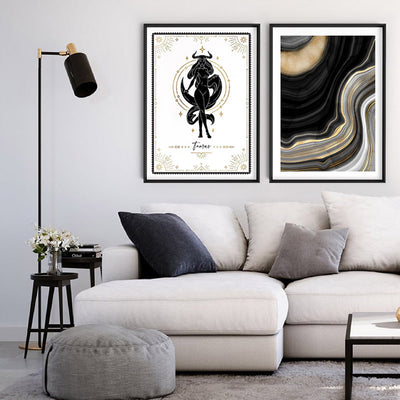 Taurus Star Sign | Tarot Card Style (faux look foil) - Art Print, Poster, Stretched Canvas or Framed Wall Art, shown framed in a home interior space