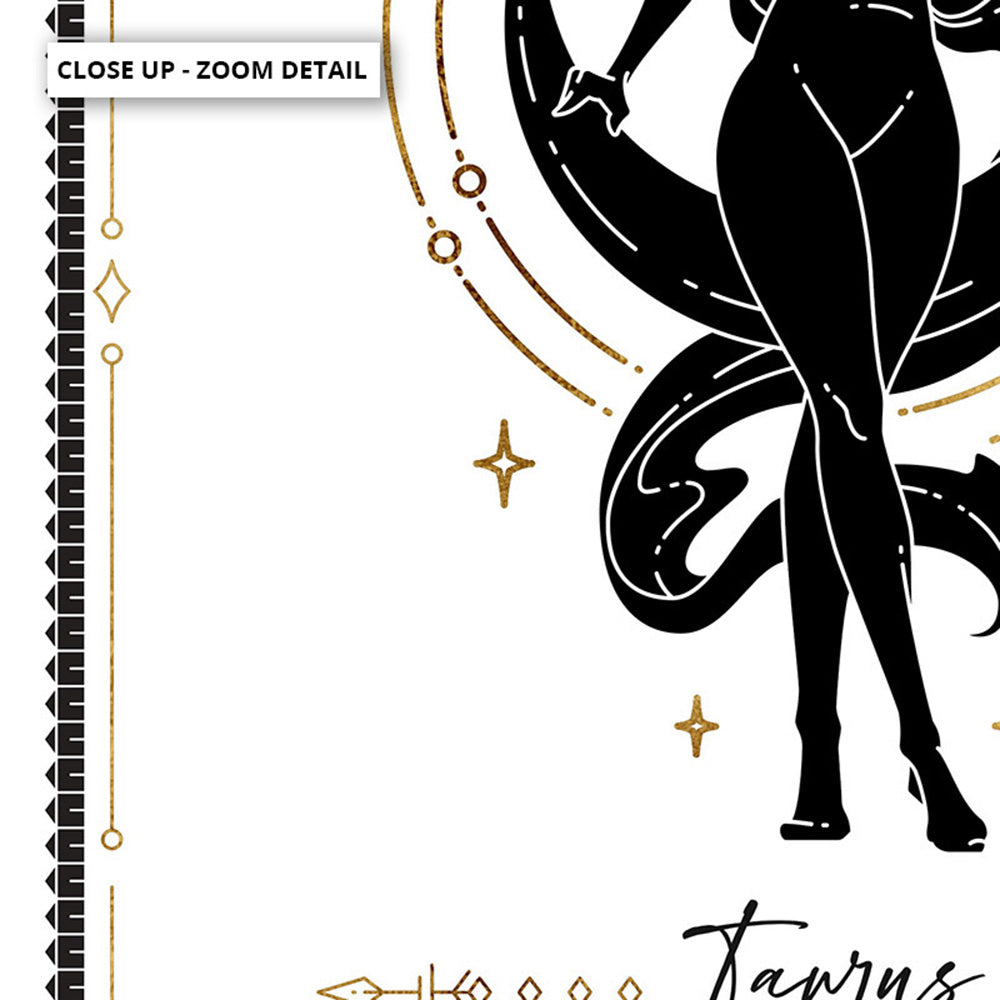 Taurus Star Sign | Tarot Card Style (faux look foil) - Art Print, Poster, Stretched Canvas or Framed Wall Art, Close up View of Print Resolution
