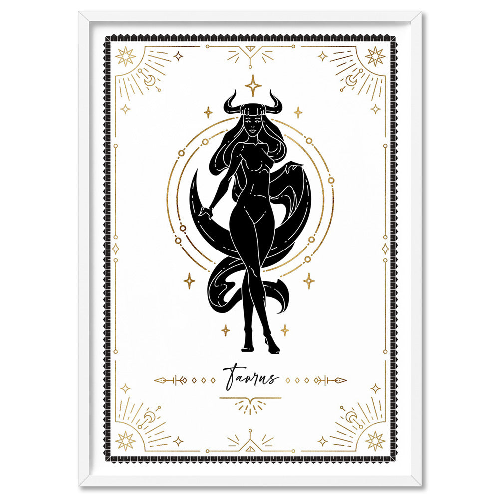 Taurus Star Sign | Tarot Card Style (faux look foil) - Art Print, Poster, Stretched Canvas, or Framed Wall Art Print, shown in a white frame