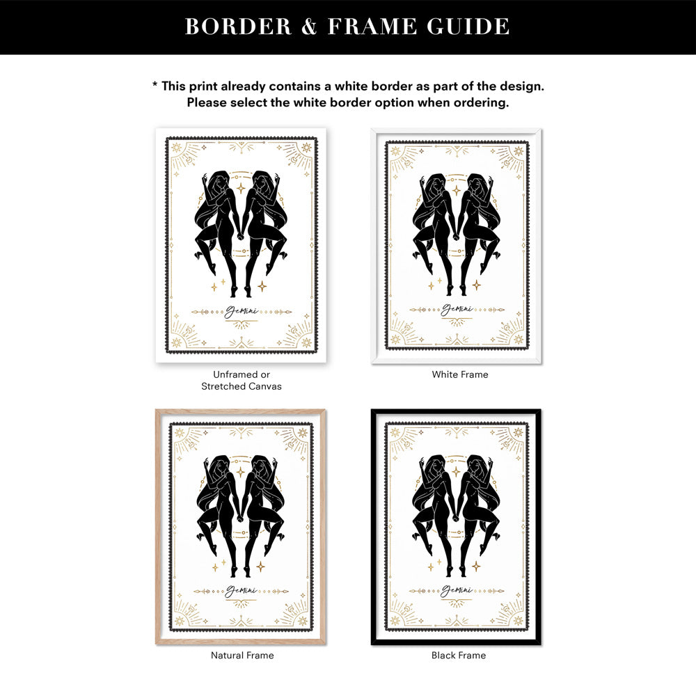 Gemini Star Sign | Tarot Card Style (faux look foil) - Art Print, Poster, Stretched Canvas or Framed Wall Art, Showing White , Black, Natural Frame Colours, No Frame (Unframed) or Stretched Canvas, and With or Without White Borders