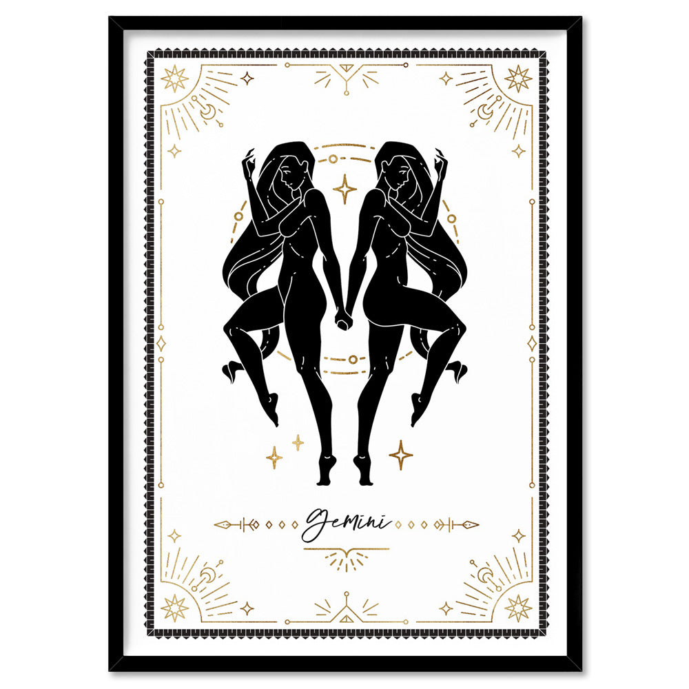 Gemini Star Sign | Tarot Card Style (faux look foil) - Art Print, Poster, Stretched Canvas, or Framed Wall Art Print, shown in a black frame