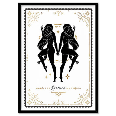 Gemini Star Sign | Tarot Card Style (faux look foil) - Art Print, Poster, Stretched Canvas, or Framed Wall Art Print, shown in a black frame