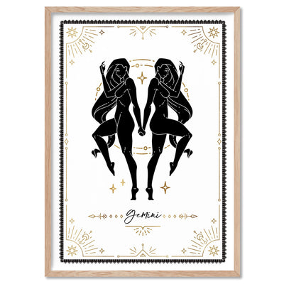 Gemini Star Sign | Tarot Card Style (faux look foil) - Art Print, Poster, Stretched Canvas, or Framed Wall Art Print, shown in a natural timber frame